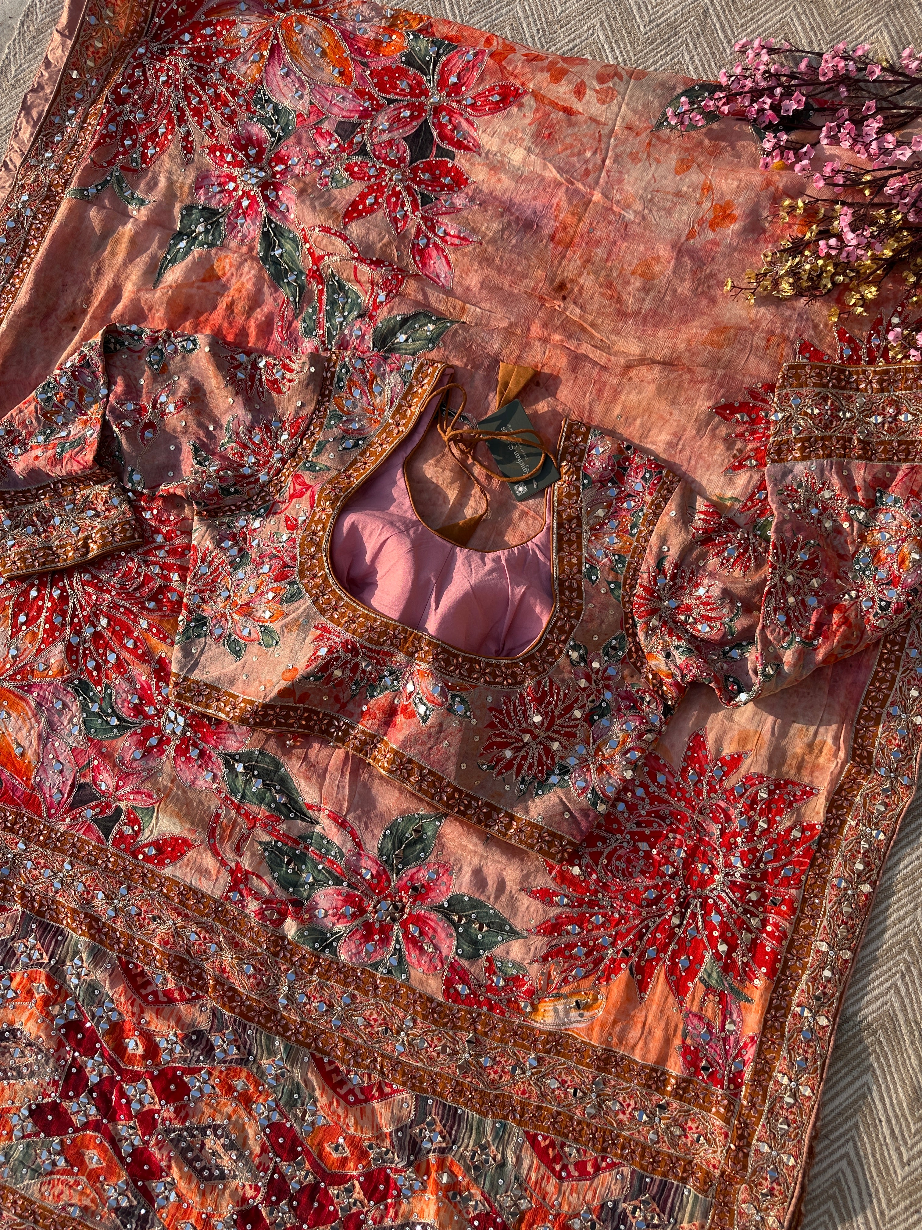 Peach Georgette Saree with Blouse with Mirror, Zari, Sequins, Swarovski and Printed Embroidery 15